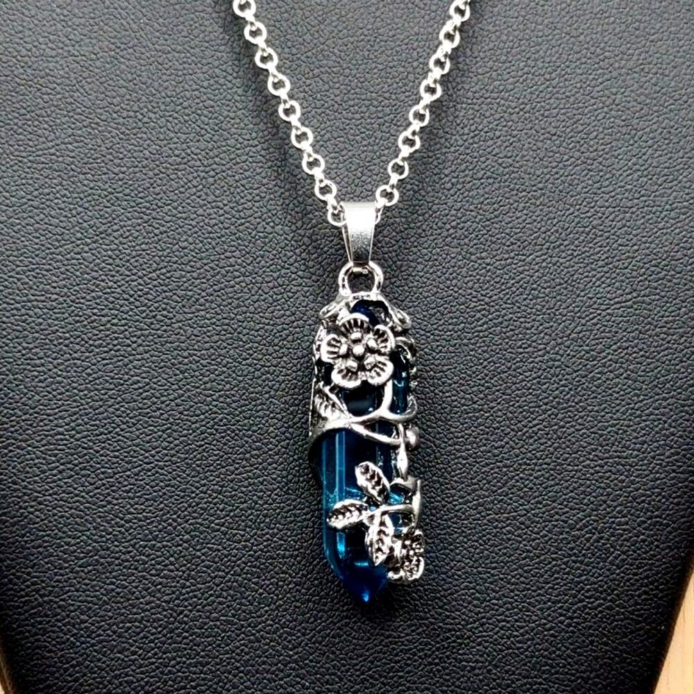 925 Silver Necklace W/ Aquamarine Crystal Boho Floral Vine Women's Vtg. Gift